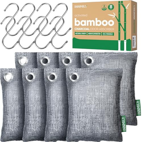 Activated Charcoal Odor Absorber, 8 Pack w Hooks Nature Odor Eliminator for Strong Odor, Bamboo Charcoal Air Purifying Bags, Moisture Absorbers for Fresh Home Car Closet Pet, Smoke Smell Deodorizer