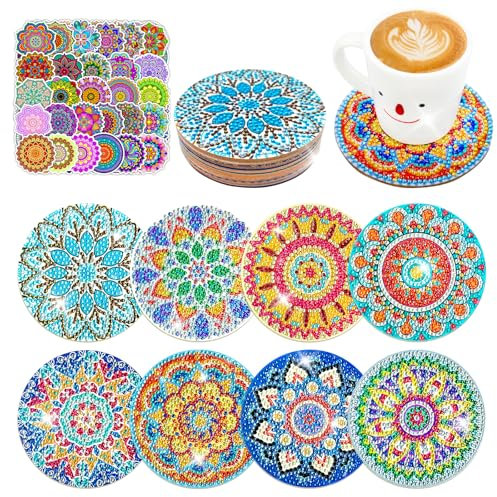 HOUT Diamond Painting Untersetzer Set - Kunst-Diamant-Malerei für Erwachsene und Kinder - 8 Stück DIY Mandala Coasters Mit Aufklebern für Anfänger