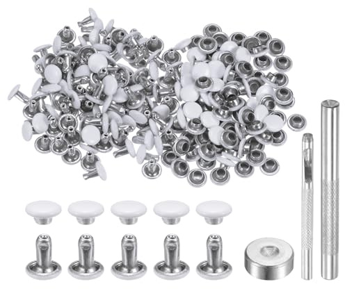 QUARKZMAN 100 Juegos Remaches de Cuero 6mm x 6mm Remaches de Metal de Doble Tapa Presión Broches Sujetadores Con 3 Instalación Herramientas para Cuero Manualidades Blanco