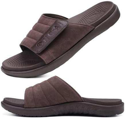 ONCAI Mens Sandals Adjustable Straps Orthotic Plantar Fasciitis Open Toe Athletic Sport Slides with Soft Comfy Arch Support Footbed Brown Size 10.5