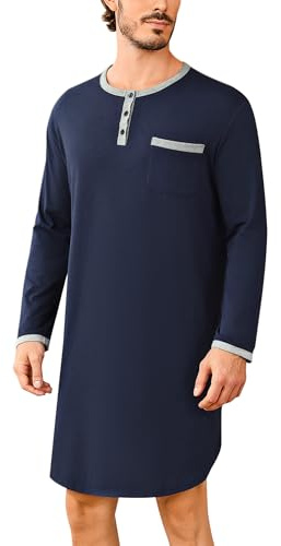 Uniexcosm Nachthemd Herren Langarm Einteiler Schlafshirt Rundhals Einteiliger Schlafanzugoberteile Pyjama Tops Bequem Nachtwäsche Sleepshirt mit Knopfleiste und Brusttasche Marineblau XXL