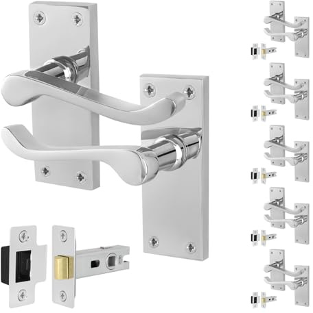 EAI Polished Chrome Door Handles with Latch 64mm, 6 Pack - Victorian Scroll | Complete Latch Kit with 6 Pairs of Victorian Scroll Lever on Backplate Door Handles, 64mm Latches, Fixings Included