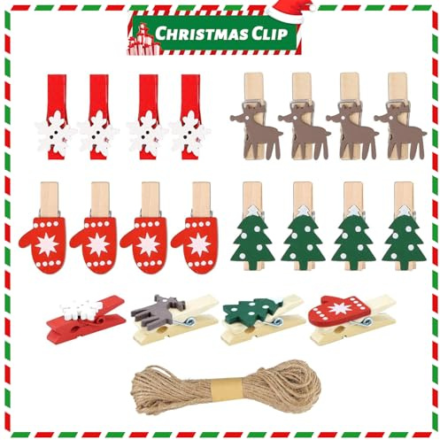 100 Pezzi Mini Clip di Legno Natale, Mollette di Legno Natale, con 10 Metri Cordone, Christmas Wood Clips, per Decorazioni Natalizie, Foto, Cartoline, Sacchetti di Carta