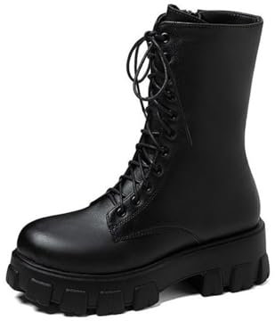 Agiyenna Bottes à Lacets pour Femme Bottes Gothiques Punk à Plateforme Bottines pour Automne et Hiver Bottes de Loisirs Rondes à Lacets avec Talon Épais Bottes de Moto Unies