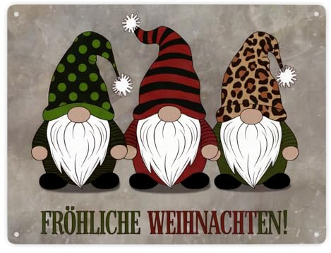 Drei Wichtel - Fröhliche Weihnachten Metallschild XXL in 28x38 cm Metallschild XXL in 28x38 cm mit animiertem Bild von Wichteln mit grünem Hut rotem Mantel - perfekte
