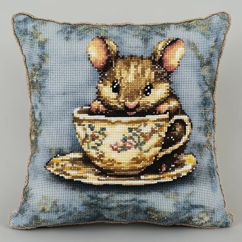AxiangziK Tier Kreuzstichkissen Set,Süße Maus trinkt Tee,Kissenbezug Zum Sticken Kreuzstich Stickkissen mit Muster,11CT Stickset Kreuzstich Kissen,45x45cm