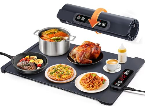 AUTOPkio Bandeja de Calentamiento Eléctrico, Calienta Platos Calentar Alimentos 300W 5 Temperatura & 4 Temporizadores Auto-Apago, Cerradura Niños para Buffets, Fiesta, Descongelado, Hogar