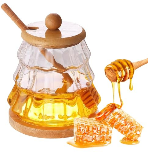 Dzmuero Honigglas, Honigspender, 300ML Honigtopf mit Löffel, Honigglas mit Honiglöffel, Honigglas mit Holz Deckel, Versiegelter Glasbehälter, Weithals-Honigvorratsglas