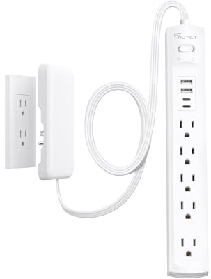 NUTICT - Prolunga piatta con coperchio spina, protezione contro le sovratensioni con 5 prese e 2 USB-A e 2 USB-C, protezione 1440J, cavo spina a parete piatta a 3 punti, 3