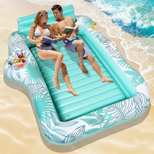 Charmofun Materassino Gonfiabile Abbronzante, Materassino Gonfiabile Piscina con Portabicchieri e Bar del Ghiaccio, Lettino Abbronzante Zattera Piscina per Adulti Spiaggia Cortile Festa (Verde)