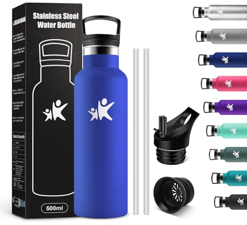 KollyKolla Botella Termica 500ml, Botella con Pajita, Cantimplora Termo con Doble Aislamiento, sin BPA, Fácil de llevar, Cantimplora para Senderismo, Escuela, Oficina, Camping, Niños, Fitness