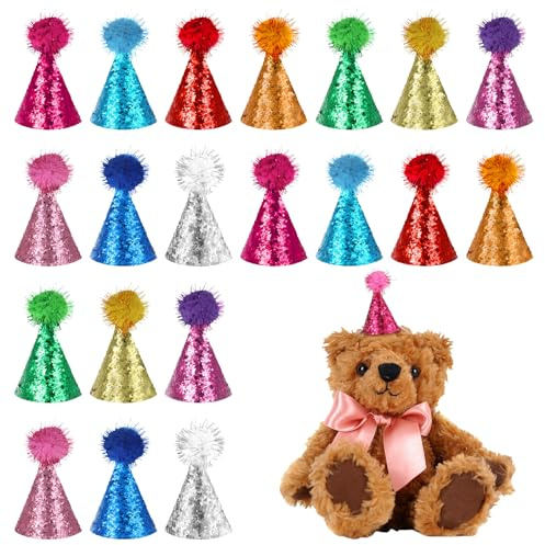 Mehrfarbige Mini-Partyhüte für Stofftiere, Mini-Party-Hüte mit verstellbarem Riemen, Glitzer, für Hunde und Katzen, Geburtstagshut, Partyhut mit Lametta-Bommel für Kätzchen, Kaninchen