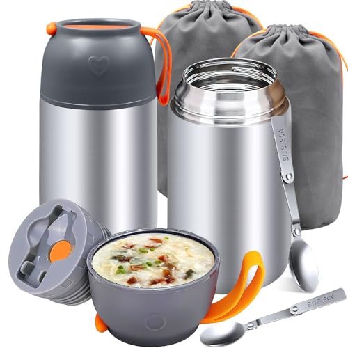 2 Stück Edelstahl Essen Thermobehälter, 650 ml Kinder Thermobecher mit Löffel, Auslaufsicher Thermo Lunchbox Warmhaltebehälter für Erwachsene Schule Büro Wandern Thermobox Suppen Babybrei Warmhaltebox