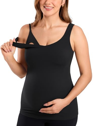 MOMANDA Maternity Nursing Tank Tops with Built in Bra Sleeveless Casual Pregnancy Tee V Neck Workout Shirt Black Medium