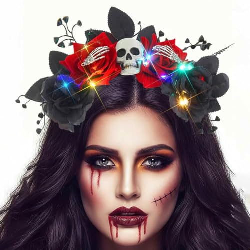 Evlry LED Halloween Blume Stirnband Leuchtende Hexen kostüm Haarreif schwarze Tag der Toten Haarschmuck für Frauen