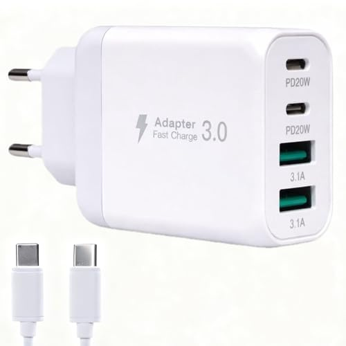 Cargador USB C, 4 Puertos Carga Rápida PD + QC – 2 USB-C + 2 USB-A + Cable USB C 1m – Compatible iPhone 17 Pro MAX 16 15, Samsung Galaxy S25 Ultra S24, Google Pixel 10 9, iPad Airpods