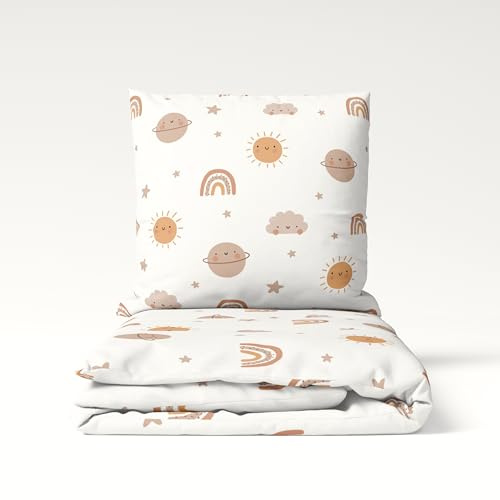 MTOnlinehandel barnsängkläder 135 x 200 cm set – 2-delar med örngott 80 x 80 – sängkläder Little Dreams – bomull – regnbåge sol moln universum – Oeko-TEX certifierad (regnbåge)