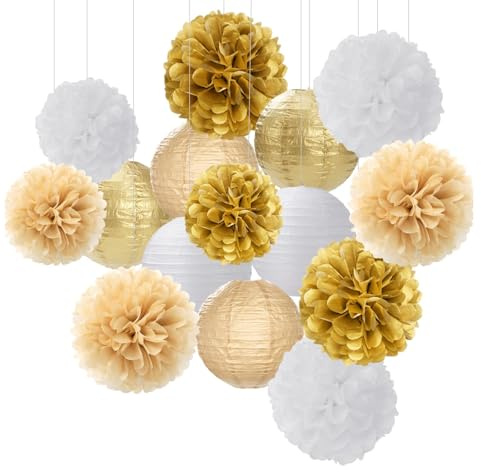 FAINCA 15 Pièces Pompons Deko à Suspendre Lanterne Papier 20 cm 25 cm Deco Mariage Champetre Deco Anniversaire Pompons Papier de Soie pour Mariages Remises Diplômes Anniversaires (Blanc Or Kaki)
