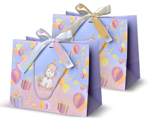 2 Stück Einhorn Geschenktüten mit Henkel – Niedliche Papiertüten für Partygeschenke, Geburtstag, Weihnachten – Stabil & Wiederverwendbar, Süße Geschenktaschen für Kinder