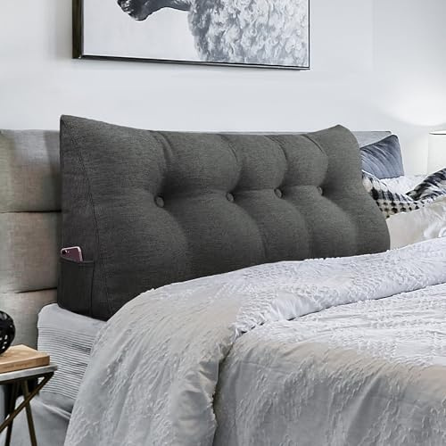 Fuffory Rückenkissen Bett, Lesekissen für Sofa, Rückenlehne, Kopfteil, dreieckiges Sofakissen, Buchkissen, Wandkissen fürs Bett, Herbst/Winter, Leinen, Anthrazit, 140 cm