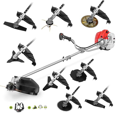 GREENCUT GGT650X-9 - Desbrozadora de Gasolina 65cc 4,9CV, Motor 2 Tiempos, 9 Accesorios para Cortar Hierba, Maleza, Arbustos y Ramas, Arnés, Barra Divisible, Herramienta 9 en 1 (Reacondicionado)