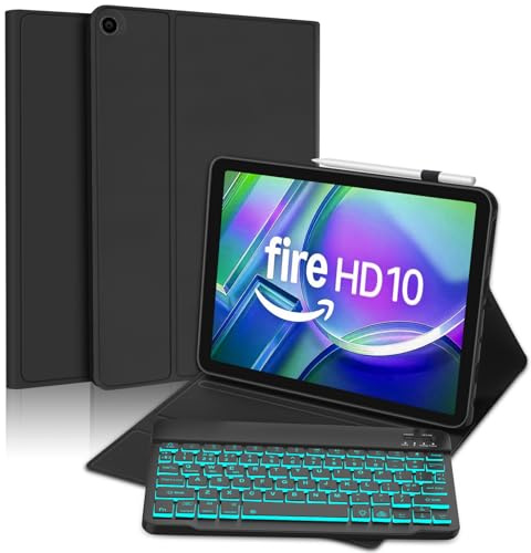 Keyboard Case for Fire HD 10/10 Plus 10.1 inch (13th/11th Gen 2023/2021) | 7 Colors Backlit Detachable UK Layout Keyboard, Smart Stand Folio Cover with Pencil Holder, Black