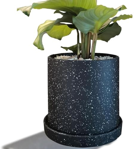 15cm Ceramic Plant Pot with Drainage Hole & Detachable Saucer, Modern Black & White Speckled Cylinder Planter for Indoor Outdoor Plants, Succulent Snake Plant Flower Pot for Home Garden Office Decor