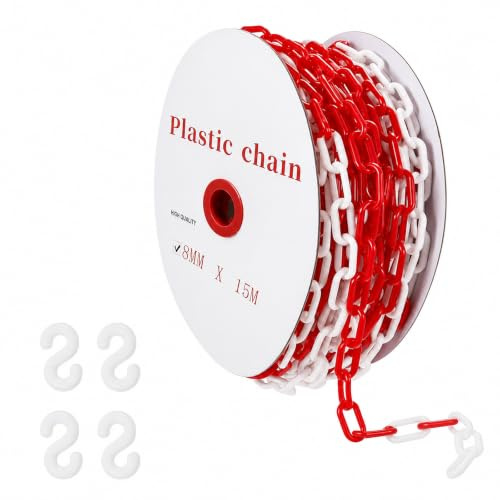 Cadena de seguridad de plástico rojo y blanco, 8 mm x 15 m, cadena de advertencia, cadena de plástico con 4 ganchos en S, cadenas de barrera para obras, aparcamientos, colas y cuidado de pedidos