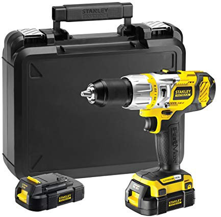 STANLEY FMC520LB-QW - Taladro percutor 14,4V y 1,5Ah. 2 baterías y cargador 30 mins. 2 velocidades mecánicas. Reversible y electrónico. 0-350rpm y 0-1400rpm. 23800 ipm. Portabrocas metálico 1 anilla 13mm con bloqueo automático del eje. 40Nm de fuerza par. Maletín y clip de cinturón.