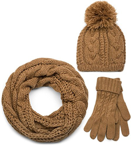 styleBREAKER Schal, Mütze und Handschuh Set, Zopfmuster Strickschal mit Bommelmütze und Handschuhe, Damen 01018208 | 3-Teilig. Schal 185x35cm. Mütze bis 59cm. Handschuhe Umfang 16-21cm. elastisch. winterfest. abgestimmte Kombination.