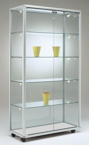 MHN Glasvitrine T 42,5 x B 99 x H 184,5 cm - breite Glas Standvitrine abschließbar - große Ausstellungs-Vitrine - LED-Beleuchtung