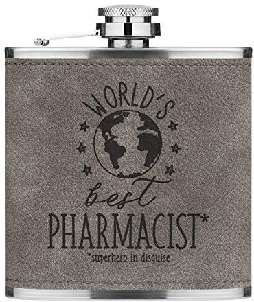 World's Best Pharmacist 6oz PU Leather Hip Flask Grey Luxe