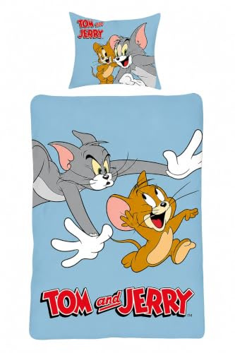 SkyBrands Tom und Jerry Bettwäsche Blau Renforcé Katze Maus Kinderserie Comic Zeichentrick, Größe:135 cm x 200 cm