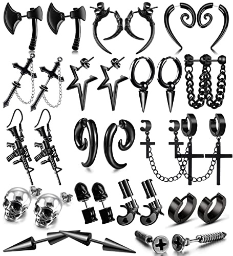 16 Pairs Stainless Steel Punk Y2K Black Dangle Earrings for Men, Axe Skull Screw Cone etc Huggie Hoop Long Chain Piercing Hoop Earrings Set for Unisex Earrings for Women