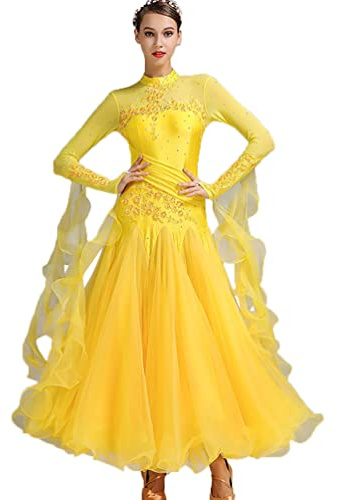 Tzdd Abiti da Ballo Standard Nazionali per Donne Moderno Competizione Vestito Sala da Ballo Gonna Elastica Prestazioni del Valzer Tango Costumi Grande Swing Tulle,Giallo,M