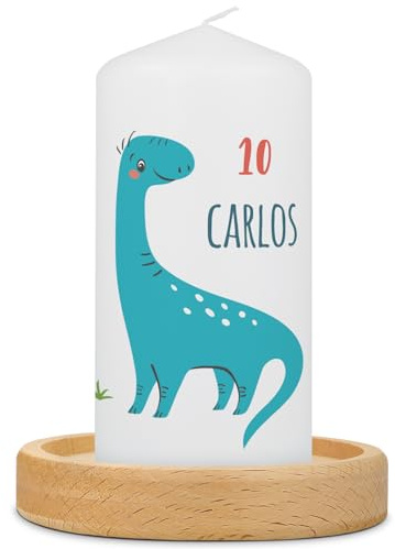 GRAVURZEILE Bedruckte Kleine Kerze - Langhals Dinos Geburtstag - Geburtstagskerze Personalisiert mit Name & Alter - brilliant bedruckte Kerze zum Geburtstag - Geschenk für Mädchen & Jungen