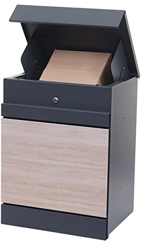 Mendler Paketkasten HWC-K41 Metall - verzinkt anthrazit-Holzoptik | Paketbox, Paketfach, Paketstation, Briefkasten