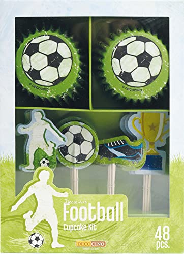 DECOCINO Muffin-Set Football 48-tlg., Fußball-Design, Papier, Einweg, schwarz/weiß