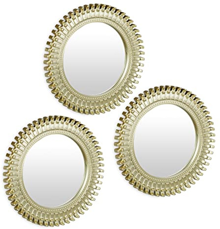 Relaxdays Espejos Pared Set 3 Diseño Engrane, Redondos, Salón, Pasillo, Decorativos, Ø 25 cm c/u, Marco Plástico, Dorado