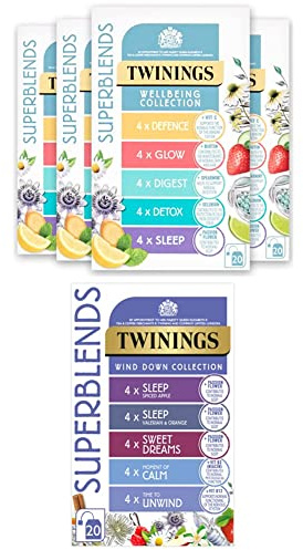 Twinings Superblends Wellbeing Collection Variety Pack, 80 mixed flavoured Tea Bags (Multipack of 4 x 20 Tea bags) + Superblends Wind Down Collection Variety Pack. 20 Tea Bags
