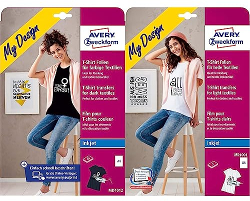 AVERY Zweckform 10 Textilfolien, T-Shirt selbst gestalten, T-Shirt bedrucken MD1012 & MD1001 5 Textilfolien, T-Shirt selbst gestalten, T-Shirt bedrucken (Bügelfolie, helle Textilien, DIN A4)