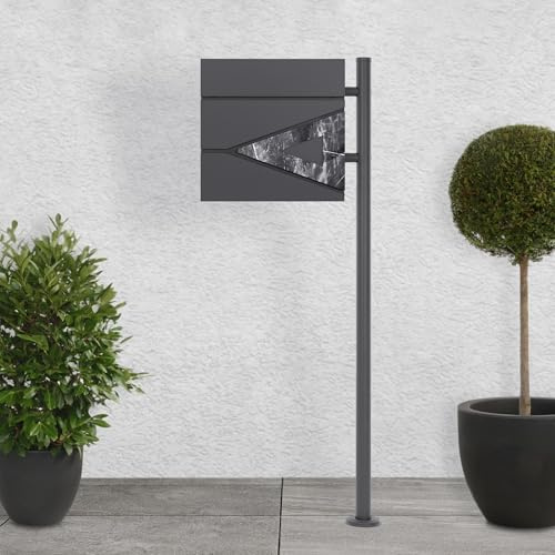 ECD Germany Standbriefkasten mit Zeitungsfach, Design Briefkasten mit Pfosten, Briefkastenanlage Briefkastenständer 120cm Anthrazit Edelstahl, Postkasten 37x36,5cm Anthrazit Schwarz Marmoroptik Stahl