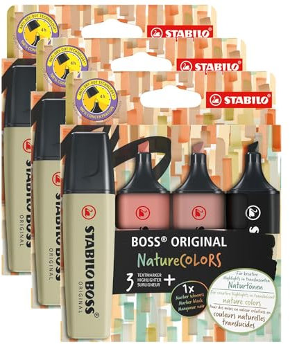 STABILO NatureColors Kartonetui, 4 Textmarker Boss Original, 3 Stück