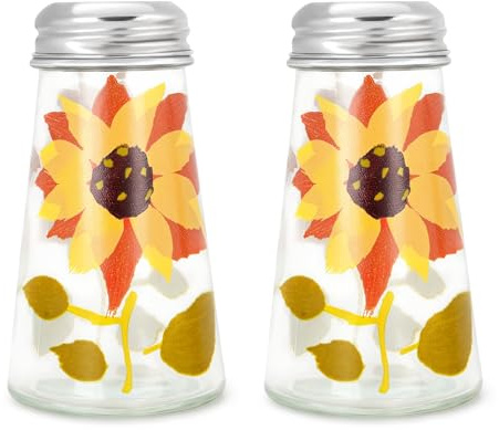 GERUSEA Baked Flower Painted Cone Salt and Pepper Shaker Set, Sunflower, Yellow, 2 Pieces,with Stainless Steel Lids