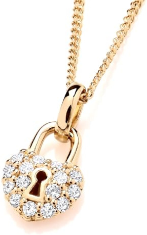 Old English Jewellers 9ct Yellow Gold on Silver Cubic Zirconia Small Padlock Pendant Necklace + 16 18 20 inch Chain