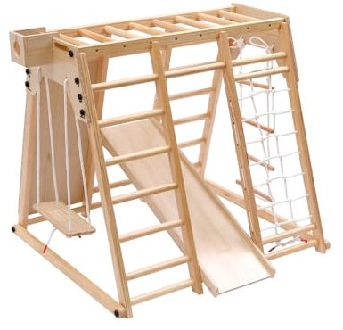 HOME DELUXE - Indoor Klettergerüst LIO - Kiefernholz, 121 x 112 x 121 cm, inkl. Tonieboxhalterung, Rutsche, Kletterwand und Schaukel I Kletterwand Kinder-Klettergerüst