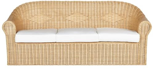 Beliani 3-Sitzer Gartensofa Rattan natürlich mit Kissen weiß Outdoor & Indoor Livadeia
