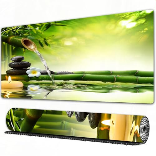 EOMKSE Mauspad Verlängertes großes Mauspad Schreibtischauflage,genähte Kanten Mauspad,Gummibasis,Spa, Meditation und Zen Foto von Bambusstämmen Kerze und Basaltsteine Therapie,Gaming-Mauspad,40x90 cm