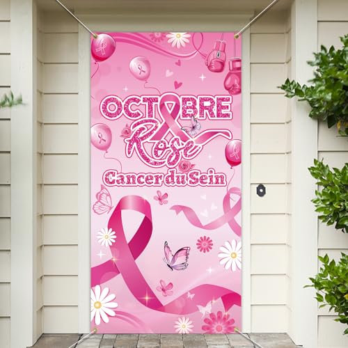 DPKOW Français Octobre Rose Porte Bannière Décoration pour Porte Extérieure Décoration Octobre Rose Ruban Toile de Fond Décoration, 180 * 90cm