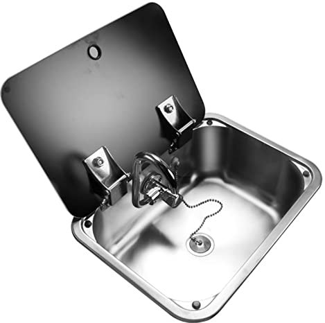DOLPTBEZM RV-Edelstahlspüle, Küchen-Handwaschbecken, eingebaute Einzelspüle, mit klappbarem Wasserhahn und Deckel aus gehärtetem Glas, für Wohnmobil, Wohnwagen oder Boot
